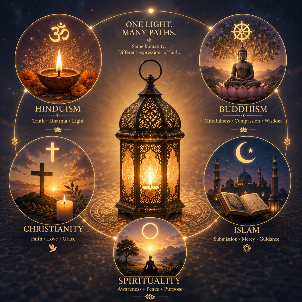 A glowing lantern at the centre of five faiths — Hinduism, Buddhism, Christianity, Islam and Spirituality. One light, many paths.